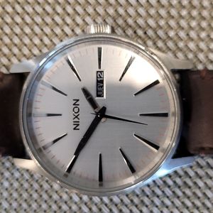 Nixon Sentry Watch Brown Leather Band, silver face